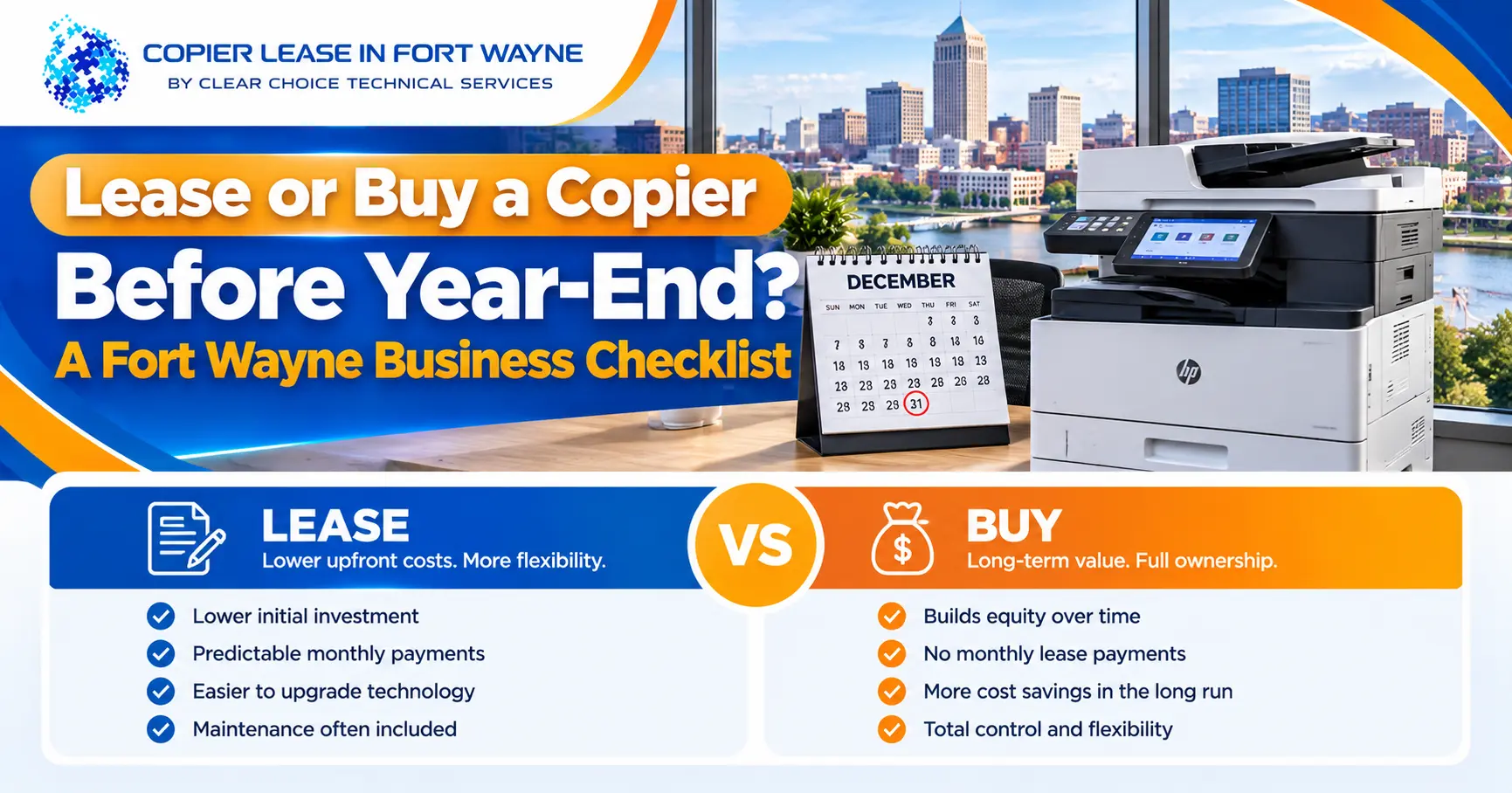 Infographic comparing copier lease versus buy options for Fort Wayne businesses before year-end.